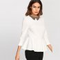Beading Collar Peplum Blouse White Peter Pan Collar 3/4 Sleeve Ruffle Top With Zip Women Elegant Blo