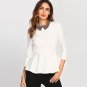 Beading Collar Peplum Blouse White Peter Pan Collar 3/4 Sleeve Ruffle Top With Zip Women Elegant Blo