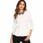 Beading Collar Peplum Blouse White Peter Pan Collar 3/4 Sleeve Ruffle Top With Zip Women Elegant Blo
