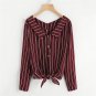 Burgundy Vertical Striped Knotted Shirt Women Button Casual Top 2018 Spring Office Work Long Sleeve 