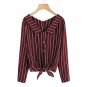 Burgundy Vertical Striped Knotted Shirt Women Button Casual Top 2018 Spring Office Work Long Sleeve 