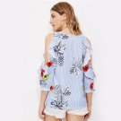 Floral Striped Ruffle Sweet Blouse  Cold Shoulder Jungle Print Cute Elegant Women Summer Tops Sexy C