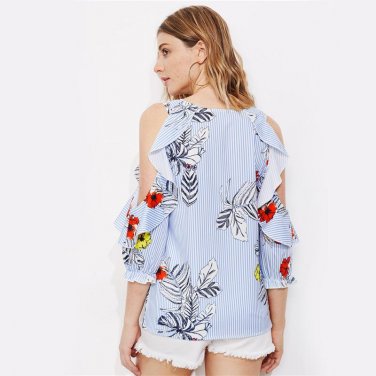 Floral Striped Ruffle Sweet Blouse  Cold Shoulder Jungle Print Cute Elegant Women Summer Tops Sexy C