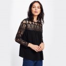 Illusion Lace Panel Keyhole Back Blouse Women Black Round Neck Long Sleeve Sexy Blouse With Button 2