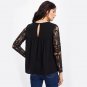 Illusion Lace Panel Keyhole Back Blouse Women Black Round Neck Long Sleeve Sexy Blouse With Button 2