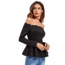 Black Off Shoulder Blouses Scallop Frill Hem Peplum Tops Office Ladies Long Sleeve Women Shirts Autu