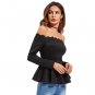 Black Off Shoulder Blouses Scallop Frill Hem Peplum Tops Office Ladies Long Sleeve Women Shirts Autu