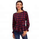 Bell Cuff Lace Up Peplum Casual Blouse  Women Red Plaid Round Neck Long Sleeve Elegant Blouse With R