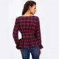 Bell Cuff Lace Up Peplum Casual Blouse  Women Red Plaid Round Neck Long Sleeve Elegant Blouse With R