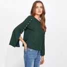 Green Pearl Beaded Split Sleeve Top Women Elegant Round Neck Long Sleeve Plain Blouse 2018 Spring Ca