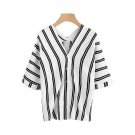 V-neckline Striped Linen Casual Blouse 2017 Autumn 3/4 Sleeve Equipment Top Womens Work Wear Blouse 