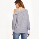 Women Blouse Black White Striped Contrast Cuff Asymmetric Off Shoulder Tops Long Sleeve Clothing 201