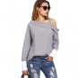 Women Blouse Black White Striped Contrast Cuff Asymmetric Off Shoulder Tops Long Sleeve Clothing 201