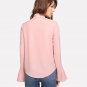 Pink Bow Tied Neck Plain Blouse Women Flare Sleeve Cuff Curved Hem Asymmetrical Casual Top 2018 Eleg