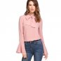 Pink Bow Tied Neck Plain Blouse Women Flare Sleeve Cuff Curved Hem Asymmetrical Casual Top 2018 Eleg