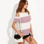 Wide Striped Blouse Casual Tops Women Pink Open Shoulder Sexy Summer Tops New Curved Back High Low T
