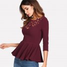 Laser Cutout Neck Peplum Top Women Maroon Round Neck 3/4 Sleeve Slim Blouse 2018 Spring Ruffle Zippe