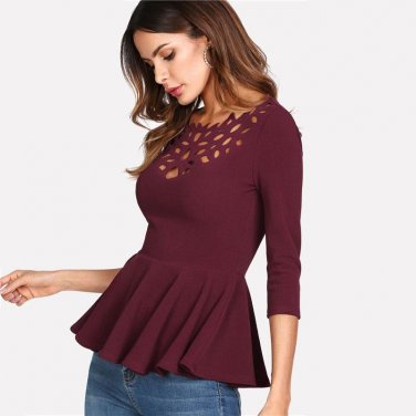 Laser Cutout Neck Peplum Top Women Maroon Round Neck 3/4 Sleeve Slim Blouse 2018 Spring Ruffle Zippe