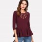 Laser Cutout Neck Peplum Top Women Maroon Round Neck 3/4 Sleeve Slim Blouse 2018 Spring Ruffle Zippe