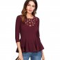 Laser Cutout Neck Peplum Top Women Maroon Round Neck 3/4 Sleeve Slim Blouse 2018 Spring Ruffle Zippe