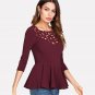 Laser Cutout Neck Peplum Top Women Maroon Round Neck 3/4 Sleeve Slim Blouse 2018 Spring Ruffle Zippe