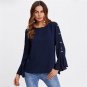 Long Sleeve Blouse Navy Flare Sleeve Pearl Beading Split Ruffle Sleeve Top Women Round Neck Elegant