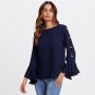 Long Sleeve Blouse Navy Flare Sleeve Pearl Beading Split Ruffle Sleeve Top Women Round Neck Elegant