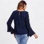 Long Sleeve Blouse Navy Flare Sleeve Pearl Beading Split Ruffle Sleeve Top Women Round Neck Elegant
