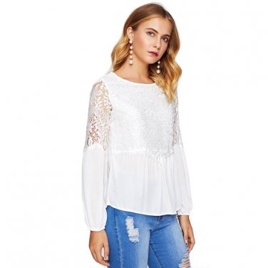White Hollow Out Lace Panel Peplum Boho Blouse Ladies Round Neck Long Sleeve Cute Top 2017 Casual Bl