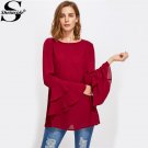 Burgundy Tiered Flare Sleeve Tunic Blouse Autumn Round Neck Long Sleeve Ruffle Casual Top Women\'s E