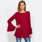 Burgundy Tiered Flare Sleeve Tunic Blouse Autumn Round Neck Long Sleeve Ruffle Casual Top Women\'s E