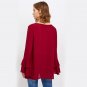 Burgundy Tiered Flare Sleeve Tunic Blouse Autumn Round Neck Long Sleeve Ruffle Casual Top Women\'s E