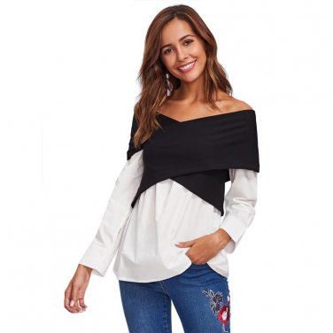 Patchwork Two Tone Cross Wrap Bardot Slim Blouse 2017 Women Color Block Off The Shoulder Tops Long S