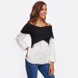 Patchwork Two Tone Cross Wrap Bardot Slim Blouse 2017 Women Color Block Off The Shoulder Tops Long S