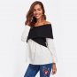 Patchwork Two Tone Cross Wrap Bardot Slim Blouse 2017 Women Color Block Off The Shoulder Tops Long S