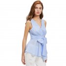 Blue V Neck Cutout Back Bow Front Peplum Blouse Women Sleeveless Surplice Wrap Sexy Top With Belt Fa