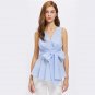 Blue V Neck Cutout Back Bow Front Peplum Blouse Women Sleeveless Surplice Wrap Sexy Top With Belt Fa