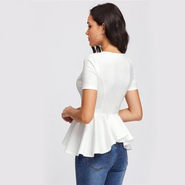 Princess Seam Asymmetric Peplum Blouse White Round Neck Short Sleeve Blouse With Ruffle Zipper 2017 