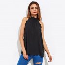 Black Scallop Trim Self Tie Halter Blouse With Bow 2017 Ladies Sleeveless Plain Top Summer Work Wear