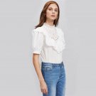 White Eyelet Embroidered Frill Trim Puff Sleeve Women Blouses Shirt 2017 Autumn Elegant With Ruffle 