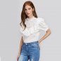 White Eyelet Embroidered Frill Trim Puff Sleeve Women Blouses Shirt 2017 Autumn Elegant With Ruffle 