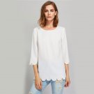 White Scallop Edge Buttoned Overlap Plain Women Blouses Round Neck 3/4 Sleeve Elegant Top 2017 Ladie