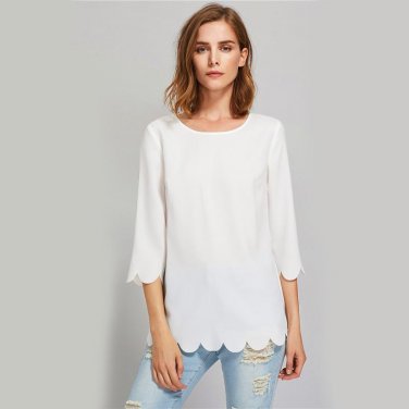 White Scallop Edge Buttoned Overlap Plain Women Blouses Round Neck 3/4 Sleeve Elegant Top 2017 Ladie