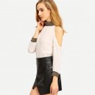 Sheer White Cold Shoulder Sequined Chiffon Shirt Women Summer High Neck 3/4 Sleeve Sexy Blouse