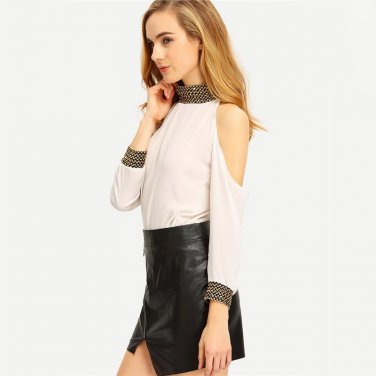 Sheer White Cold Shoulder Sequined Chiffon Shirt Women Summer High Neck 3/4 Sleeve Sexy Blouse