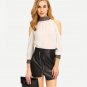 Sheer White Cold Shoulder Sequined Chiffon Shirt Women Summer High Neck 3/4 Sleeve Sexy Blouse