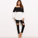 Color Block Off The Shoulder Long Sleeve Shirt Black and White Fashion Clothing Women Vogue Blouse