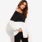 Color Block Off The Shoulder Long Sleeve Shirt Black and White Fashion Clothing Women Vogue Blouse
