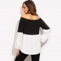 Color Block Off The Shoulder Long Sleeve Shirt Black and White Fashion Clothing Women Vogue Blouse