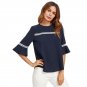 Navy Crochet Detail Fluted Sleeve Blouse Autumn Round Neck Half Sleeve Plain Blouse With Button Ladi